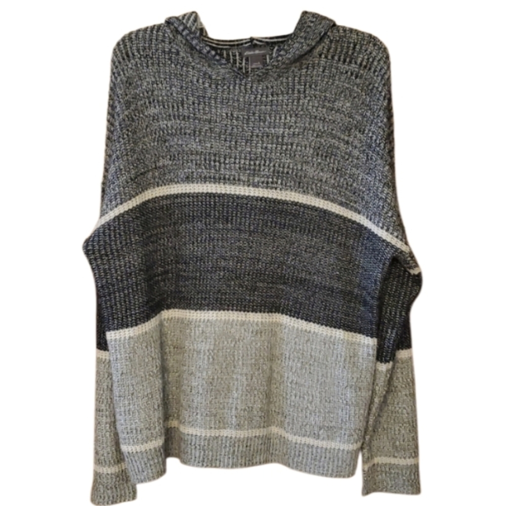 Eddie Bauer Womans Grey Striped Lightweight Knit Hoodie Sweater Size Large